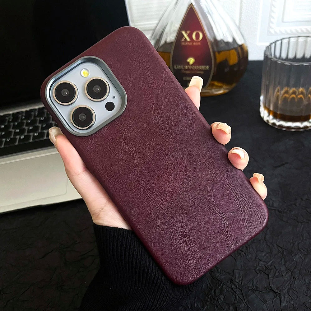 Premium Vintage Leather Magnetic Phone Case for IPhone 16 14 13 15 Pro Max Wireless Charging Alloy Camera Shockproof Back Cover