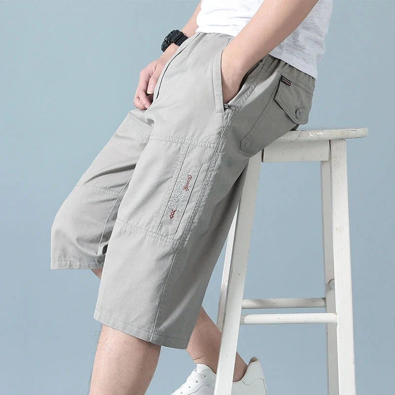 Men Cropped Cargo Shorts Men's Casual Sports Pants Zipper Pocket Summer Cotton Shorts Running Jogger Shorts Elastic Waist