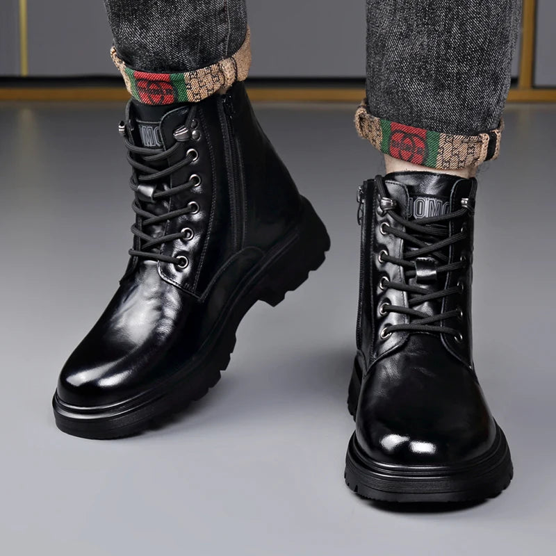 British Style Mens Winter Platform Snow Boots Fashion Genuine Leather Outdoor Antiskid Walking Ankle Boots Mens High Top Boots