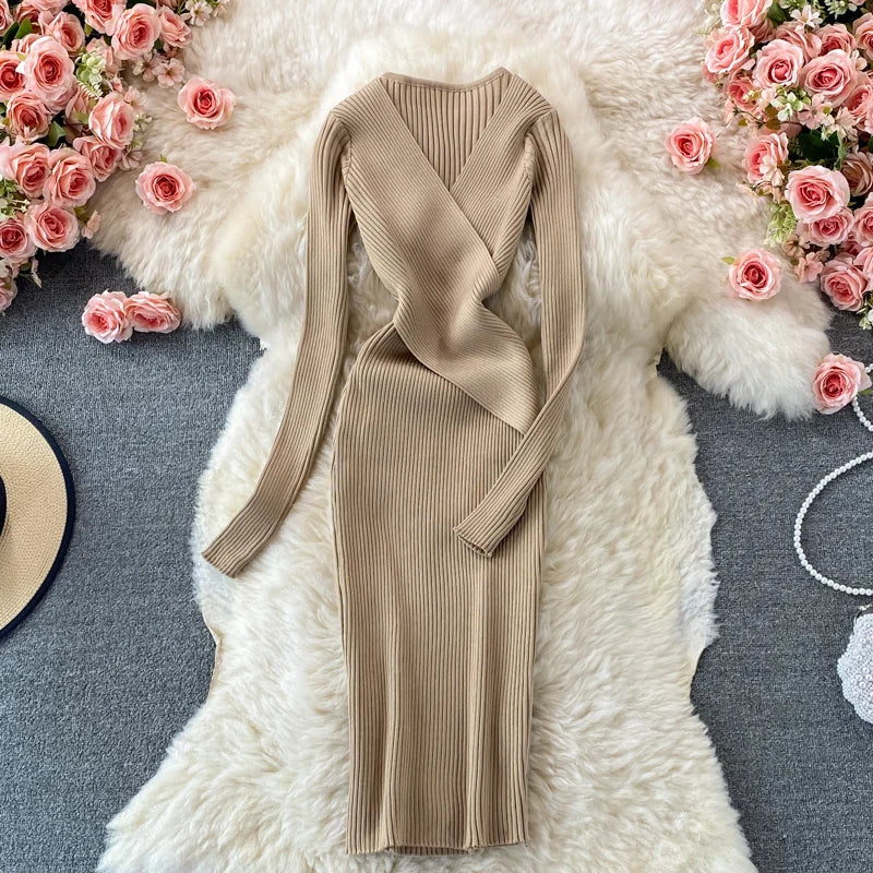 Autumn Winter 2025 Women Dress Elegant Cross V-neck Slim Waist Knitted Bodycon Dress Korean Office Lady Vestidos