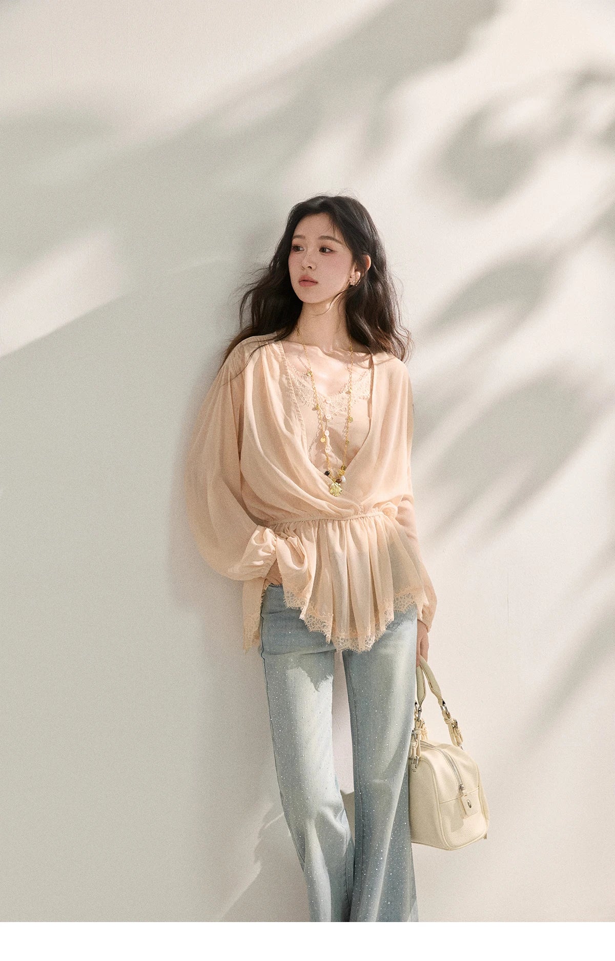 Women's French Style Beige Sheer Chiffon Blouse V Neck Lace Trim Elastic Waist Peplum Top For Spring Summer MXF16T1588