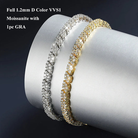 Bracelet de tennis femme en moissanite couleur D, forme losange pleine 1,2 mm, argent 925 plaqué or 18 carats, chaîne à maillons diamant