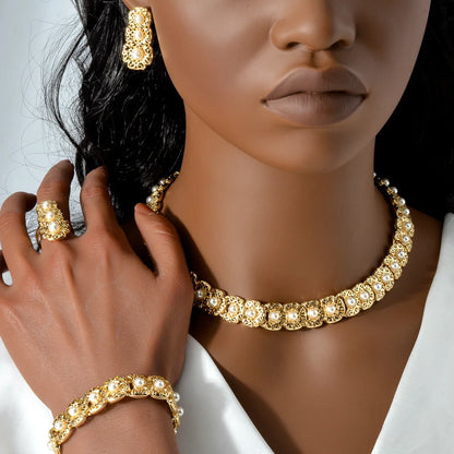 Dubai Luxury Quality Jewelry Set For Women Trend Pearl Necklace Bracelet Ring Earrings Jewelry Set 18k Gold Plated Jewelry