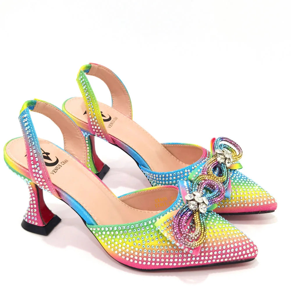 The Latest INS Style Rhinestone Bow Side Empty Party High Heels Pointed Toe Stiletto Heels Silver Women's Shoes And Bags