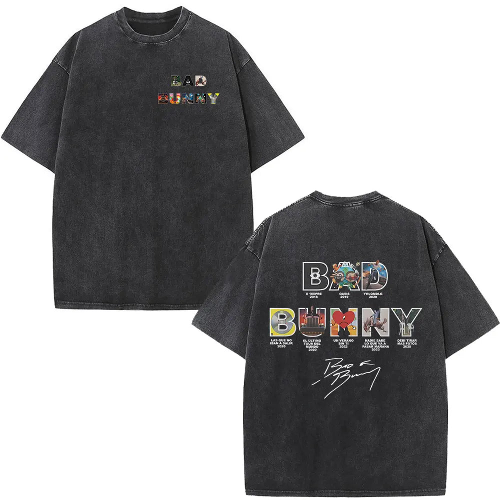 Rapper Bad Bunny Washed Vintage T-shirt Debi Tirar Mas Fotos DTMF World Tour T Shirts Men's Fashion Hip Hop T-shirts Streetwear