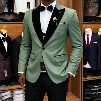 Slim Fit Luxury Three Pieces Men Suit Set Separates Custom Groom Tuxedo With Black Velvet Lapel For Wedding Party ropa hombre