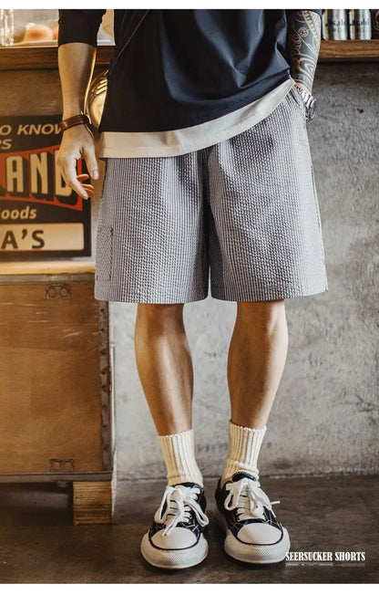 Casual Seersucker Checked Shorts Men's Summer Breathable Office Shorts Elastic Waist Pants Straight Leg Comfortable Bottom
