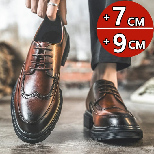 Big Size Men Height Increaseing Dress Brogue Shoes Gentleman Suit Elevator Shoes Oxford Invisible Heel 4/7/9CM Wedding Man Shoes
