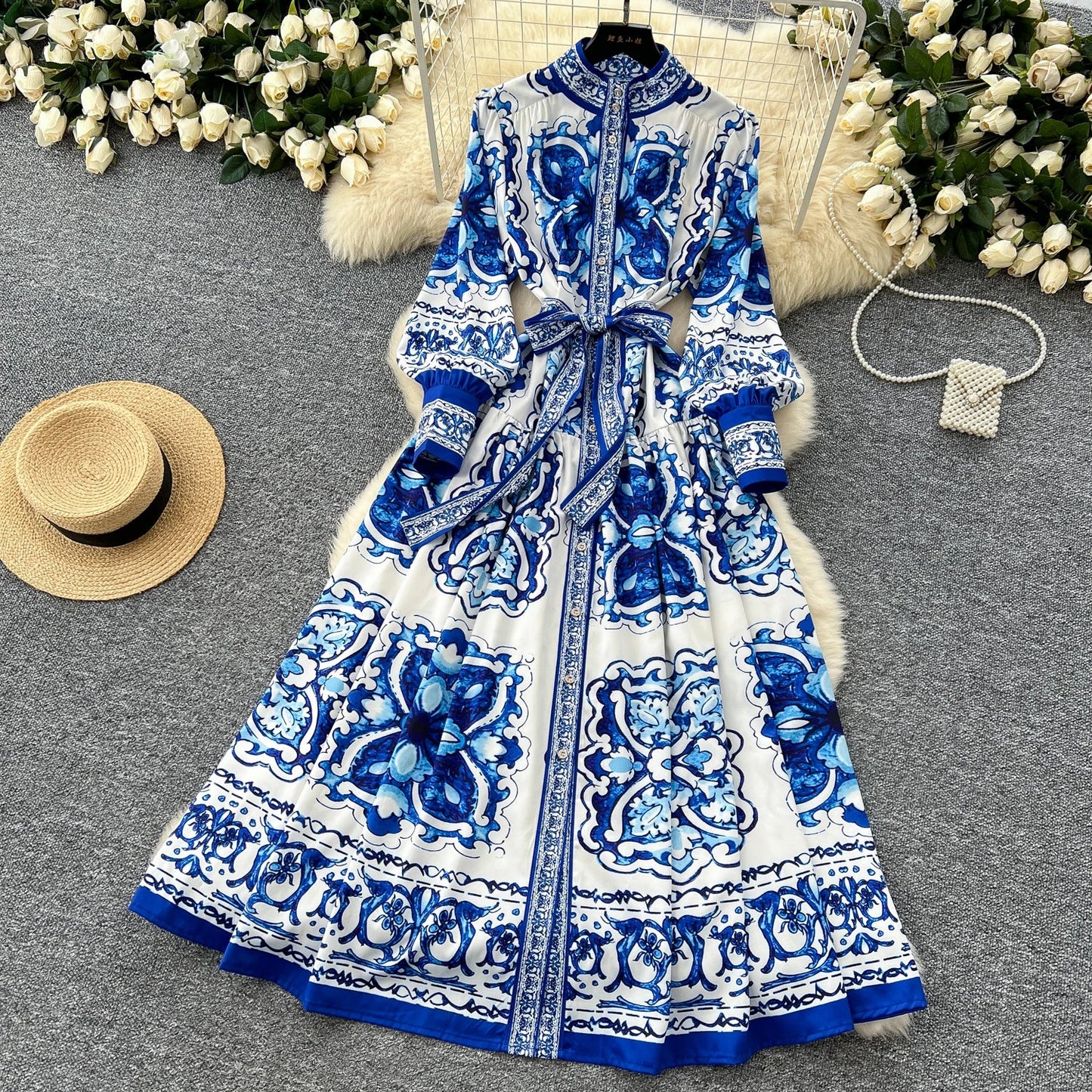 Retro Faion Print Stand Collar Single Button Women's Dr Waist Cinched Floor Length Skirt Korean Sle High Waist Long Sl...