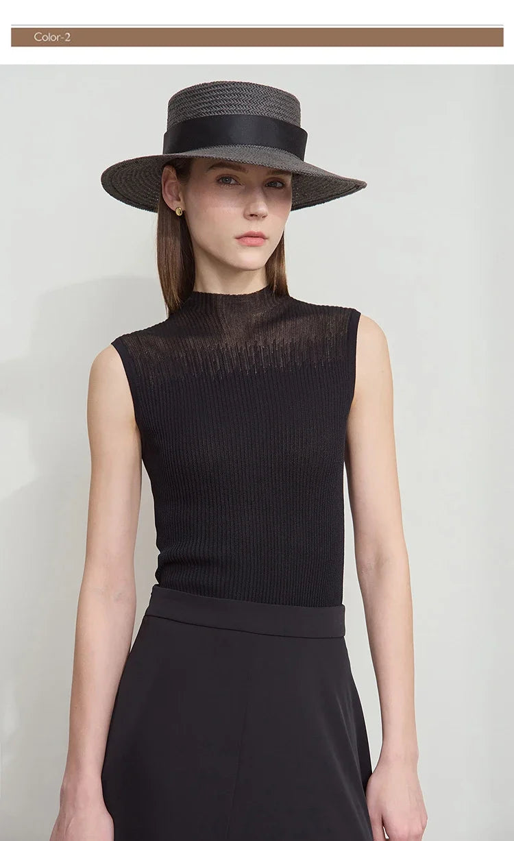 Women Top Minimalist Summer New Solid Color Mock Neck Sleeveless Slim Elastic Double Curved Yarn Knitted Camisole 12542249