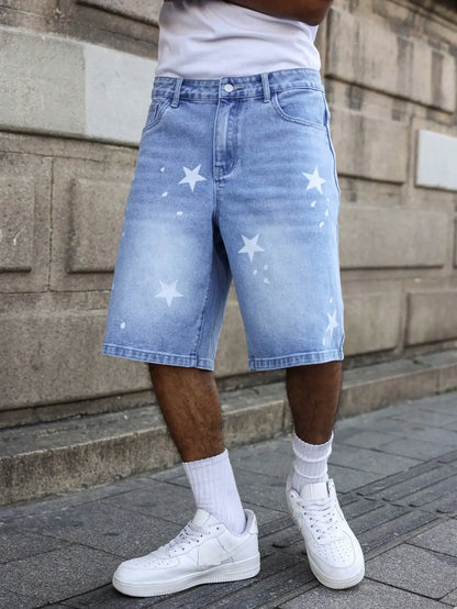 Men's Blue Denim Shorts for Spring and Summer, with Stars Printed on the Legs, Are Stylish and Simple to Match