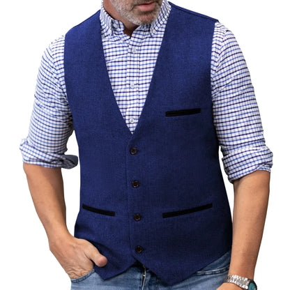 Men Vest Brown V Neck Single ButtonTweed Casual Business Waistcoat For Wedding Party Banquet Prom Work Men Suit Vest
