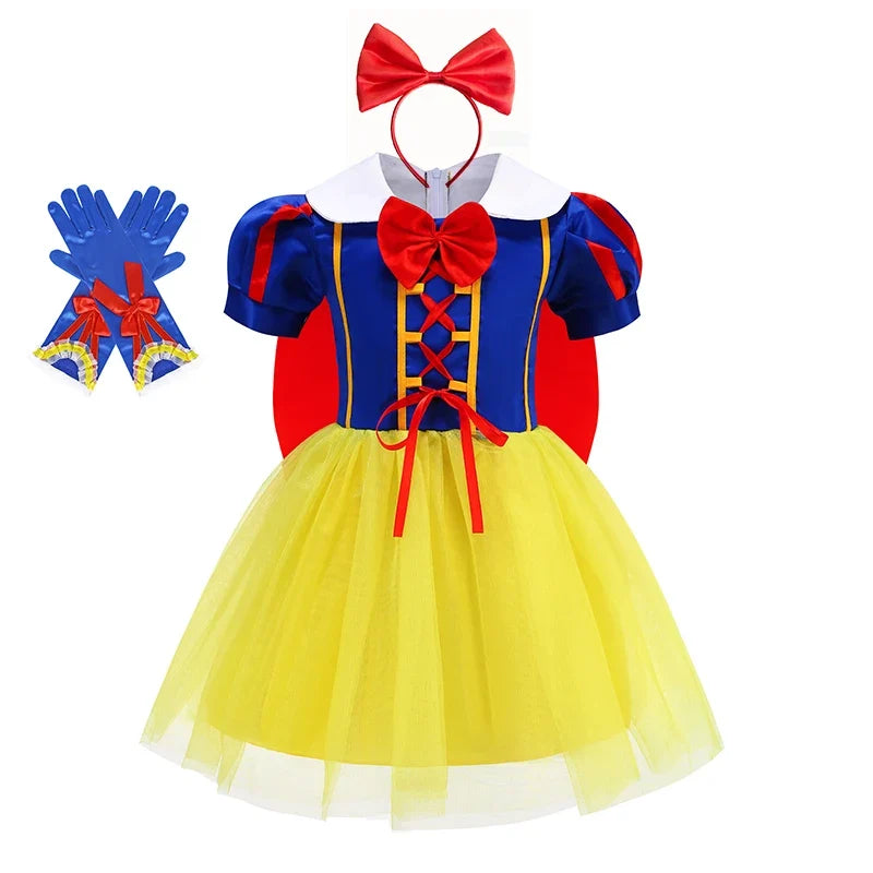 Girl Cosplay Disney Snow White Dress Kids Gown With Cloak Headband Children Princess Dress Up Costume Halloween Party Outfits
