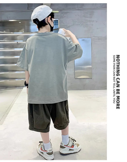 Summer Boys Cotton Leisure Cartoon Print T-Shirt Top+Shorts Pant Set School Kids 2PCS Tracksuit Children Vacation Outfit 5-16Yr