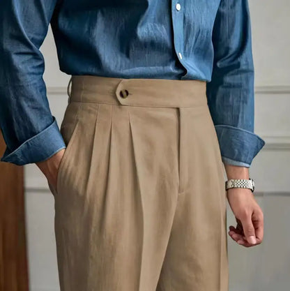 Classic Linen Men Suit Trousers Italian Naples Style Pleated Street Wear Summer Trendy High Waist Pants Male Business Office