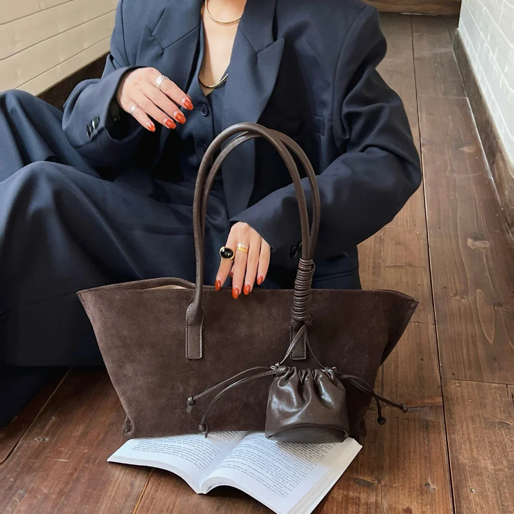 Vintage Large Capacity Suede Tote Bag Designer Trapeze Shoulder Bags for Women Luxury Genuine Leather Handbag and Purse 2026