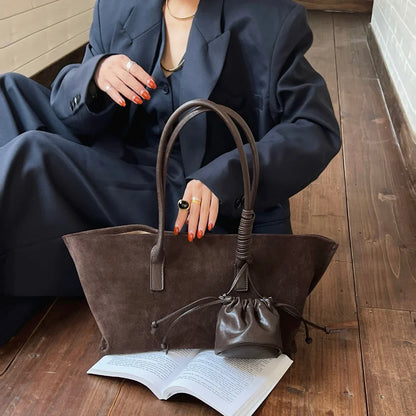Vintage Large Capacity Suede Tote Bag Designer Trapeze Shoulder Bags for Women Luxury Genuine Leather Handbag and Purse 2026