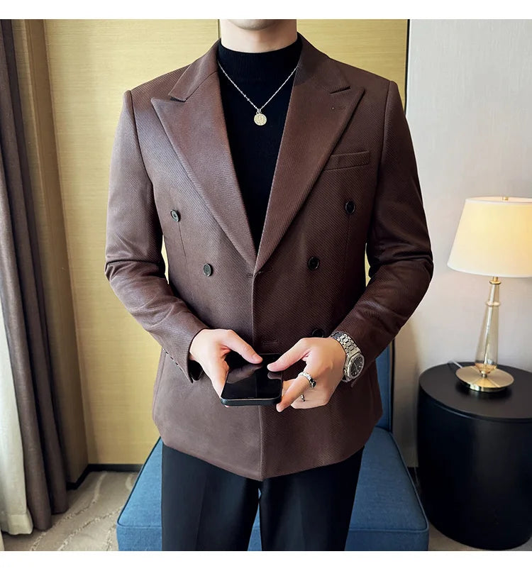 High Quality Men Double Breasted Blazer Suede Gilded Twill Slim Fit Business Social Formal Suit Jacket Tailcoats Men Clothes