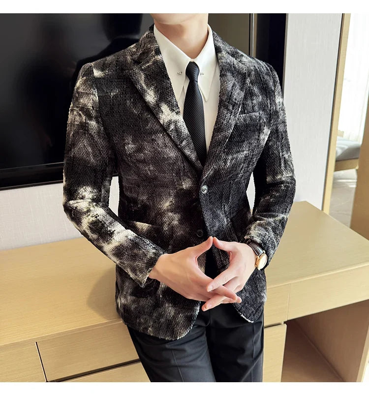 High QualityTie Dye Chenille Men Fashion Casual Suit Jacket Autumn Winter New Korean Slim Fit Social Wedding Suit Blazer