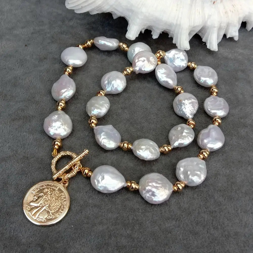 YYGEM 14x17mm Natural Freshwater White Coin Pearl Necklace 21mm Gold Plated Charm Pendant For Women Fashion Jewelry