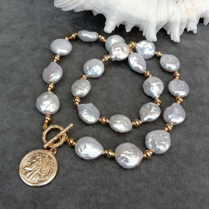 YYGEM 14x17mm Natural Freshwater White Coin Pearl Necklace 21mm Gold Plated Charm Pendant For Women Fashion Jewelry