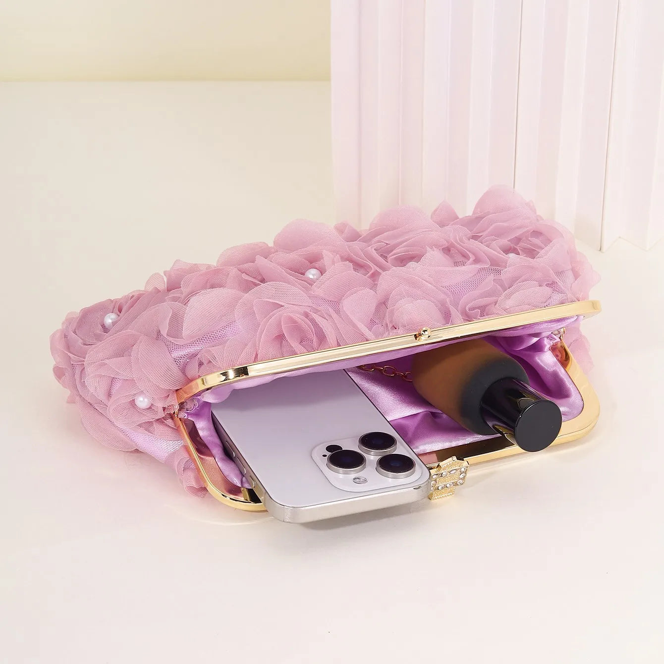 3D Floral Decor Clutch Bag, Elegant Silk Appliques Dinner Purse For Wedding Party Prom Banquet - Perfect for Wedding， Party
