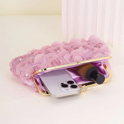 3D Floral Decor Clutch Bag, Elegant Silk Appliques Dinner Purse For Wedding Party Prom Banquet - Perfect for Wedding， Party