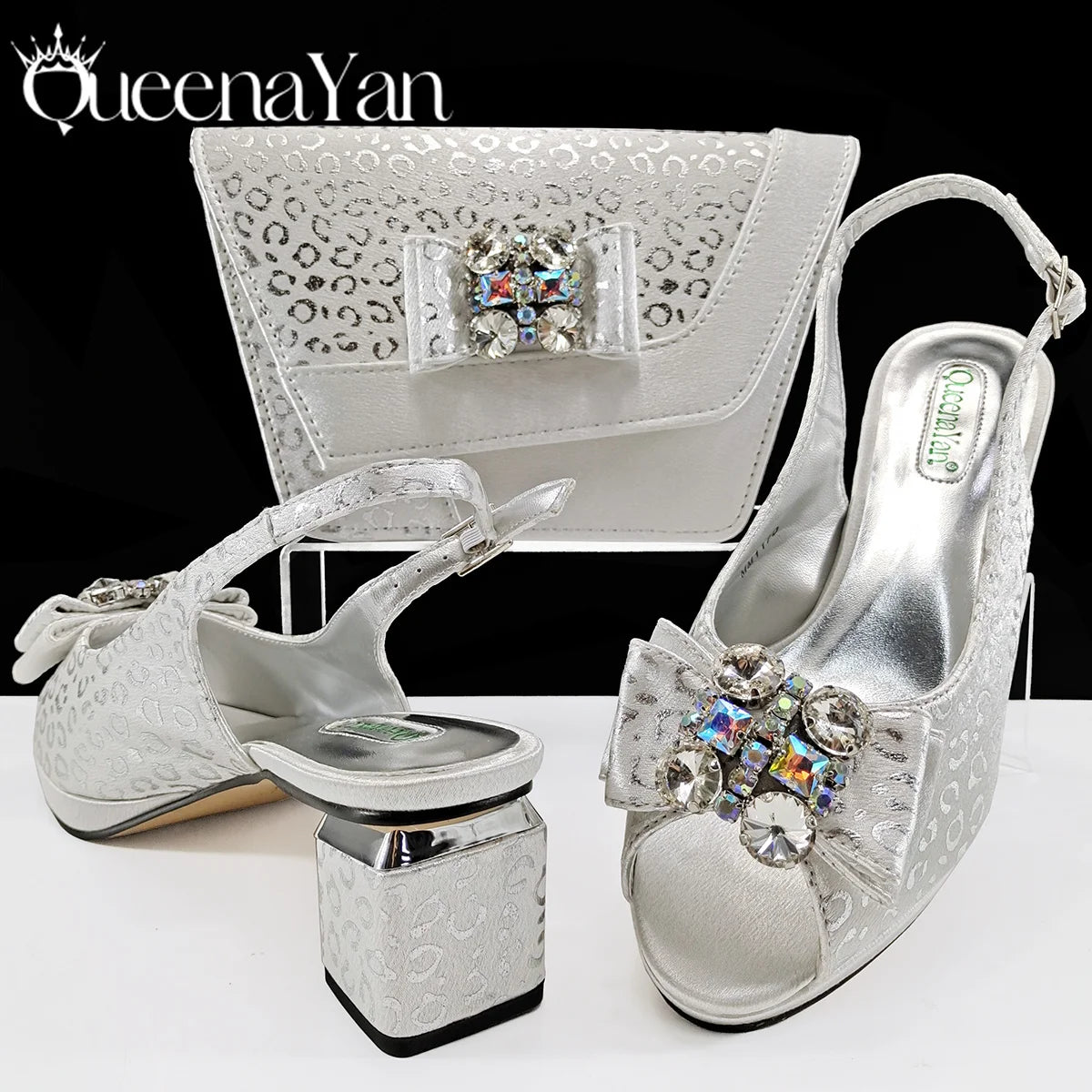 Queena Yan  2025 Shiny Italian Fashion Pointed Toe Women Heel Fashion Rhinestone Decoration Pink Color Shoes And Bag Set