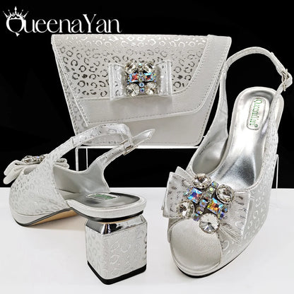 Queena Yan  2025 Shiny Italian Fashion Pointed Toe Women Heel Fashion Rhinestone Decoration Pink Color Shoes And Bag Set