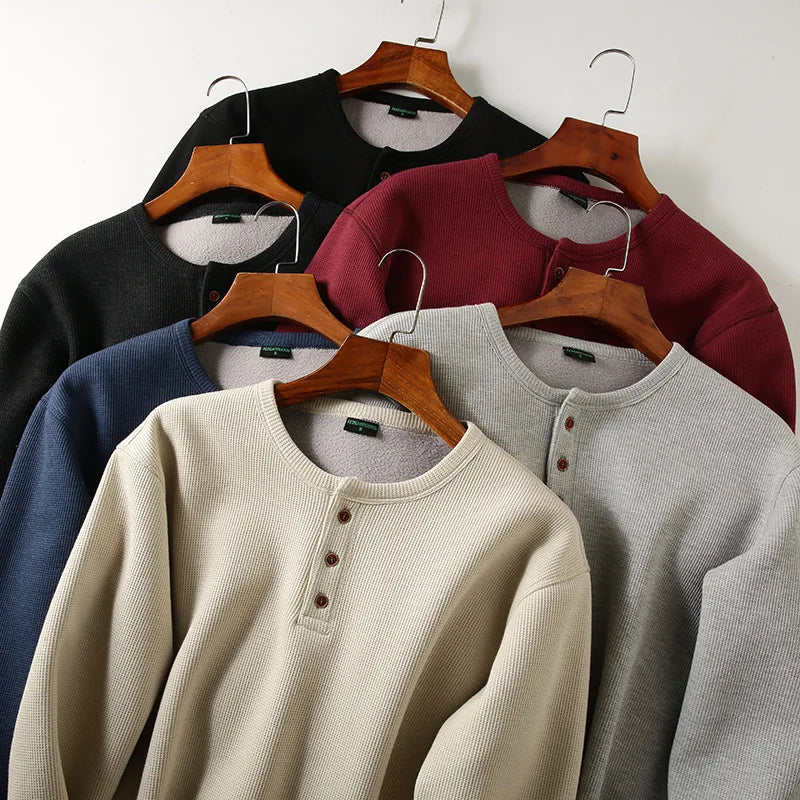 Men's Fleece - Lined Thickened Long - Sleeved Henley Neck Waffle Knit T - Shirt