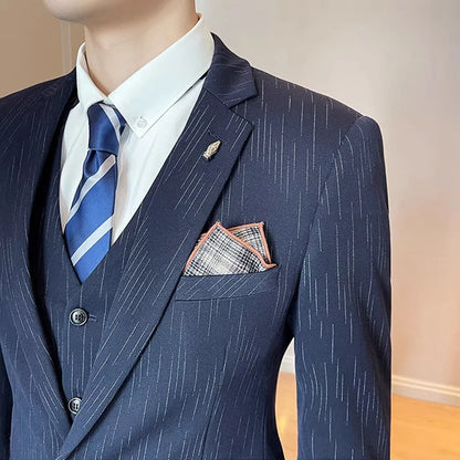 ( Blazer + Vest + Pants ) High-end Formal Casual Business Striped Fashion Men's 3 Piece Suit Groom Wedding Dress Suit