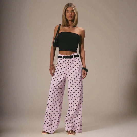 Spring Autumn High Wasit Jeans Pants Women 2026 Fashion Vintage Polka Dot Print Wide Legging Denim Trousers Bottoms Casual