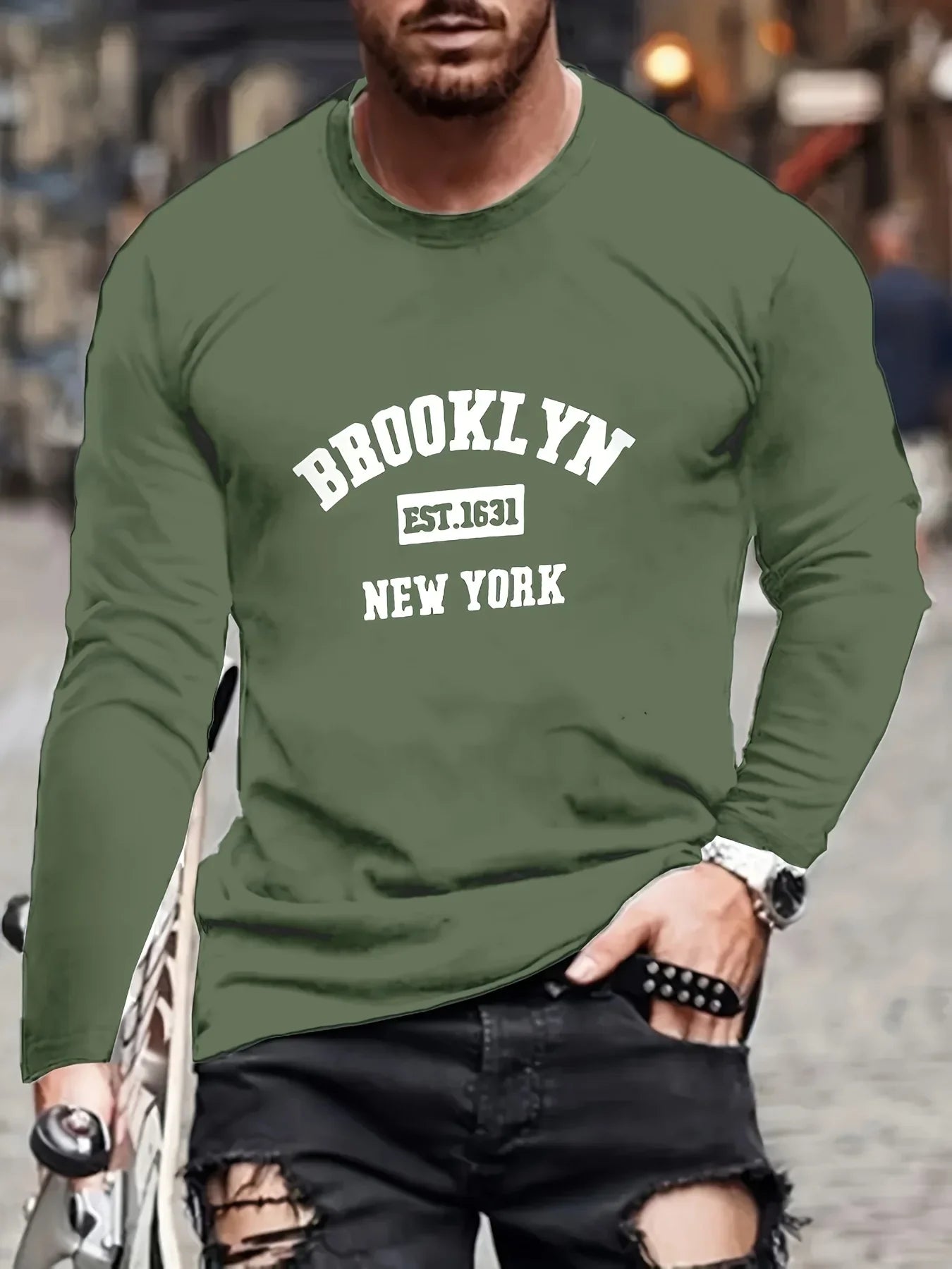 Men's 100% pure cotton loose and comfortable sports and leisure Brooklyn print round neck long sleeved T-shirt top