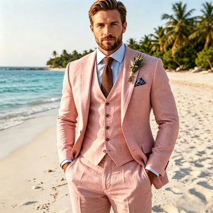Beige Linen Wedding Suit 3 Piece Set Beach Groom Lightweight Summer Mens Suits Casual Outdoor Fashion Breathable Trousers Vest
