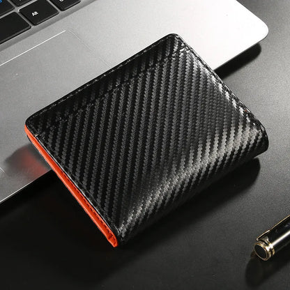 Men Carbon Fiber Wallet RFID Blocking Short Bifold Wallet Zipper Coin Pocket Card Holder Slim ID Window