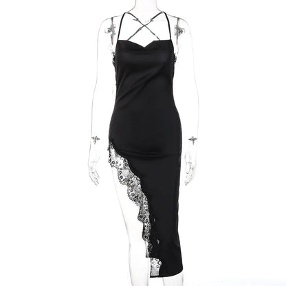 Sexy Lace Party Club Backless Bodycon Stain Black Straps Midi Dress 2022 Summer Clothes Wholesale Items For Resale