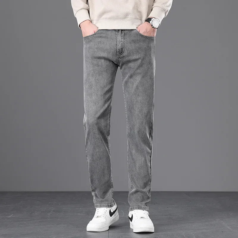 Classic Men Vintage Cloth High Waist Trousers 2024 Autumn Loose Straight Stretch Wash Jeans High Quality Sky Blue Brand Pants