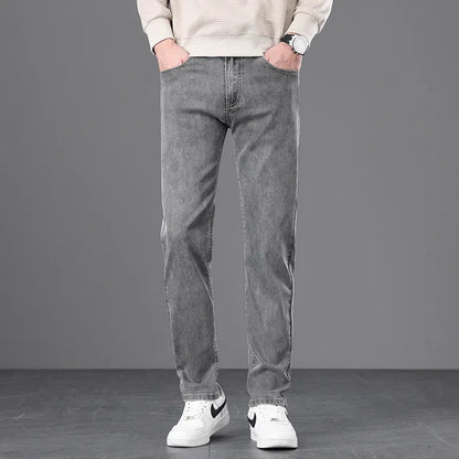 Classic Men Vintage Cloth High Waist Trousers 2024 Autumn Loose Straight Stretch Wash Jeans High Quality Sky Blue Brand Pants