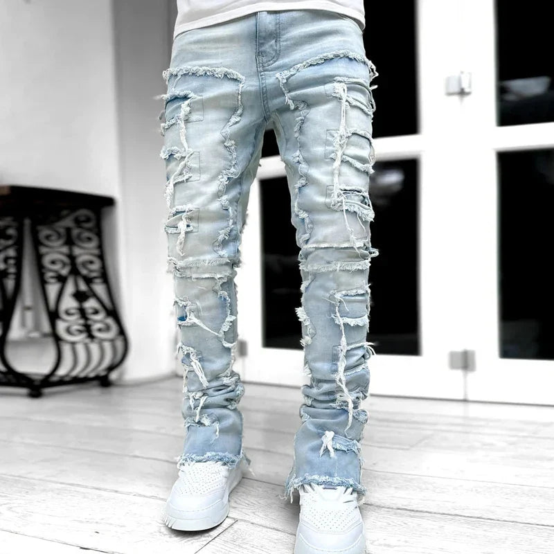 New European and American Heavyweight Streetwise Stretch Patch Jeans for Men, High Street Straight Fit Long Jeans16-3001