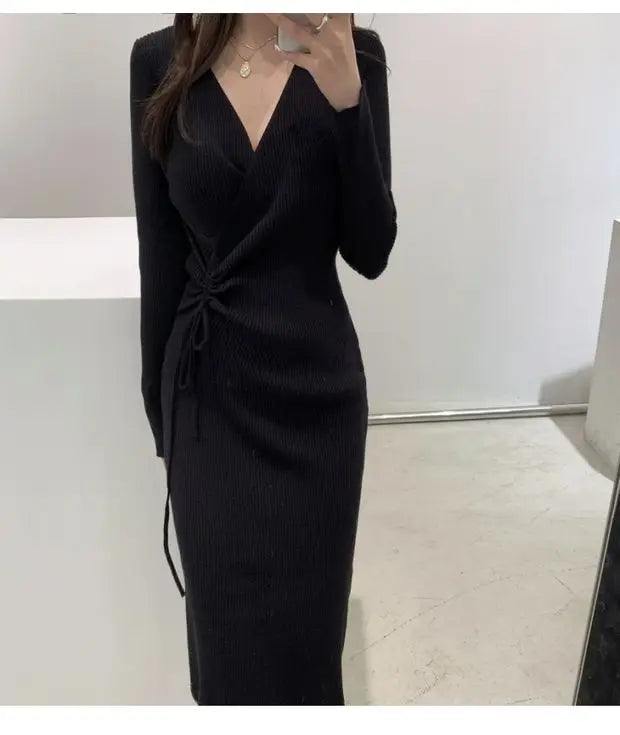 Chic V-ne Knitted Wrap Waist Slimming Mid-length A-line Dr Women's Sweater Dr Korean Sle High Waist Long Sve