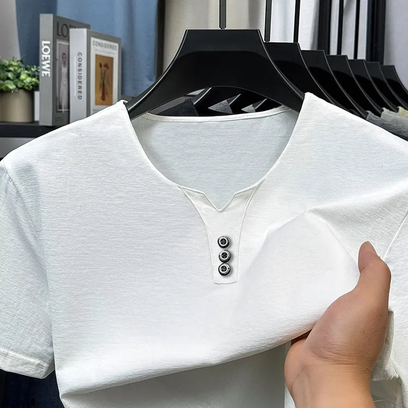 2026 New Men's Business Casual Three Button V-neck Short Sleeved T-shirt Korean Style Summer Comfortable Versatile Top
