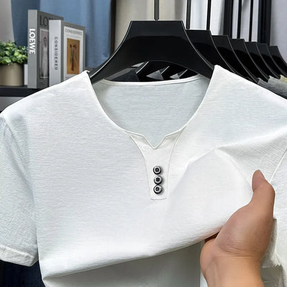 2026 New Men's Business Casual Three Button V-neck Short Sleeved T-shirt Korean Style Summer Comfortable Versatile Top
