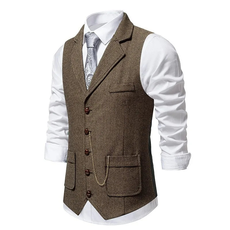 Man Suit Vest British Style Turn Down Collar Male Waistcoat Vintage Single-breasted Business Casual Men Coat Vest