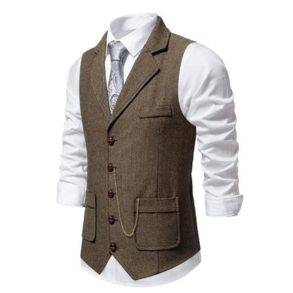 Man Suit Vest British Style Turn Down Collar Male Waistcoat Vintage Single-breasted Business Casual Men Coat Vest