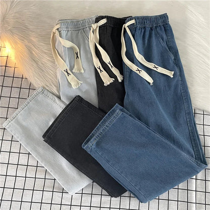 Casual Loose Straight Leg Men's Jeans Drawstring Elastic Waist Wide Leg Long Trousers High Street Fashion Denim Pants