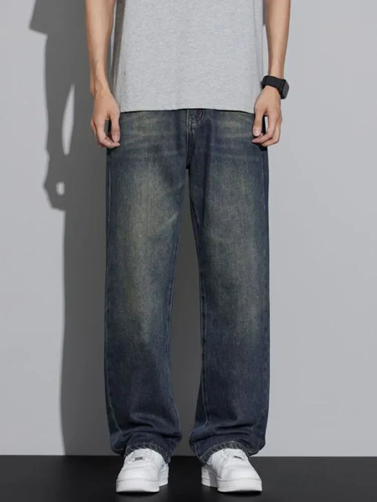 Cotton Baggy Men Wide Leg Jeans Retro Loose Streetwear Fashion Korean Straight Washed Denim Trousers High Quality Brand Clothes