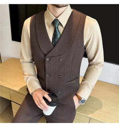 ( Vest+Pants) Autumn Winter Thicken Wool Striped Suit Vest 2 pieces Men Fashion Slim Fit Business Casual Wedding Dress Vest Sets