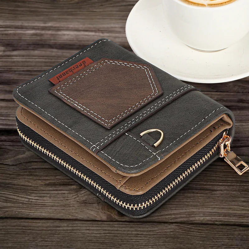 New European American Business Men's Patchwork Bifold Wallet Minimalist Foldable Zipper Slim Dollar Coin Purse