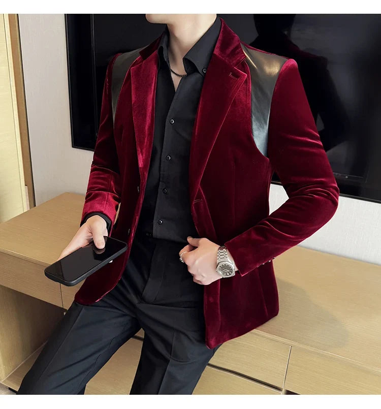 Autumn Winter New Men Mercerized Velvet Slim Fit Suit Coats Fashion Leather Splicing Casual Business Formal Party Tailcoat 4XL-M