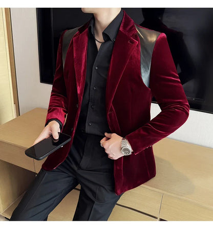 Autumn Winter New Men Mercerized Velvet Slim Fit Suit Coats Fashion Leather Splicing Casual Business Formal Party Tailcoat 4XL-M